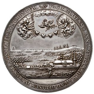 medal autorstwa J. Höhna sen. na Pokój w Oliwie 1660 r, Aw: Klasztor Oliwski na tle rozległej panoramy, powyżej dwa anioły w obłokach trzymają cztery połączone serca i gołąbek z gałązką oliwną, w otoku napis PACIS. OLIVENSIS. ANNO. MDCLX.III.MAII.AD.GEDANUM.IN.PRUSSIA.CONCLUSAE. MONUMENTUM, Rw: Pod drzewem oliwnym klęcząca osoba, w tle widok Gdańska jego okolic oraz morza i statków, w otoku napis PECTORA QUO REGNUM COEUNT QUO VULNERA SECLI, EN FELIX OLEUM PACIS OLIVA DEDIT., Racz. 147, H-Cz. 2149 R3, srebro 74 mm, 98.71 g, efektowny i rzadki medal autorstwa wyśmienitego medaliera