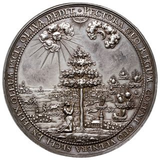 medal autorstwa J. Höhna sen. na Pokój w Oliwie 1660 r, Aw: Klasztor Oliwski na tle rozległej panoramy, powyżej dwa anioły w obłokach trzymają cztery połączone serca i gołąbek z gałązką oliwną, w otoku napis PACIS. OLIVENSIS. ANNO. MDCLX.III.MAII.AD.GEDANUM.IN.PRUSSIA.CONCLUSAE. MONUMENTUM, Rw: Pod drzewem oliwnym klęcząca osoba, w tle widok Gdańska jego okolic oraz morza i statków, w otoku napis PECTORA QUO REGNUM COEUNT QUO VULNERA SECLI, EN FELIX OLEUM PACIS OLIVA DEDIT., Racz. 147, H-Cz. 2149 R3, srebro 74 mm, 98.71 g, efektowny i rzadki medal autorstwa wyśmienitego medaliera