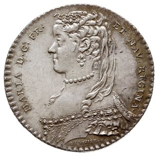 Maria Leszczyńska, królowa Francji, żeton z 1751 roku, sygnowany DU VIVIER F, Aw: Popiersie w lewo, w otoku napis MARIA D G FR - ET NAV REGINA, Rw: Krzew na tle pola, napis w otoku NATA CORONIS PROGENIES, w odcinku MAISON DE LA REINE 1751, Feu. 13357, La Tour 2230 (ale notuje w miedzi), srebro 28 mm, 7.63 g, patyna