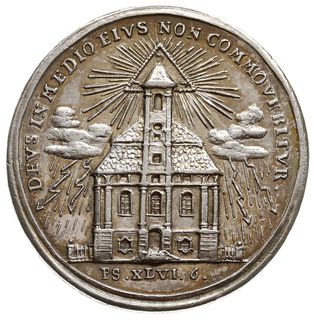medal autorstwa Jerzego Wilhelma Kittel’a z 1750 roku wybity z okazji otwarcia kościoła  parafialnego po odbudowie, Aw: Front kościoła z wieżą na tle oka opatrzności, wokół burza z piorunami i deszczem, wokoło DEVS IN MEDIO EIVS NON COMMOVEBITVR, u dołu PS XLVI 6, Rw: Napis INAVGVRATIO TEMPLI PAROCHIAL REFORM VRATISLAVIENS, w odcinku A MDCCL C 27 SEPT, F.u.S. 4339, srebro 34 mm, 12.64 g, mała wada krążka, ale pięknie zachowany z blaskiem menniczym