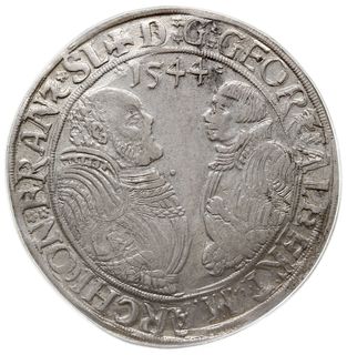 talar 1544, Schwabach, emisja po śmierci Jerzego z Ansbach (zmarłego w pod koniec grudnia 1543 roku), Dav. 8967, v.Schr. 731, srebro, moneta w pudełku firmy PCGS z oceną AU50, ładnie zachowany, ciekawy talar noszący na rewersie herb Pomorza