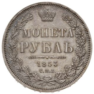 rubel 1853 СПБ HI, Petersburg, św. Jerzy bez płaszcza, Bitkin 231, Adrianov 1853а, ładnie zachowany, patyna
