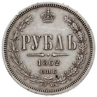 rubel 1862 СПБ МИ, Petersburg, Bitkin 72 (R), Adrianov 1862, Ilin wycenia na 5 rubli, nieduże uszkodzenia na rancie i rysa na rewersie, ale bardzo rzadki rocznik, naklad tylko 22.000 sztuk