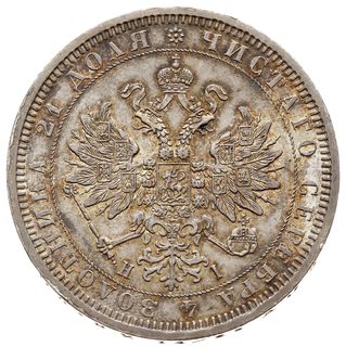 rubel 1877 СПБ HI, Petersburg, Bitkin 90, Adrianov 1877а, widoczny blask menniczy, ładna kolorowa patyna