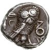 tetradrachma ok. 350-300 pne, Aw: Głowa Ateny w hełmie w prawo, Rw: Sowa w prawo, za nią gałązka o..