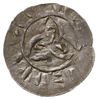 denar przed 1048 r., Aw: Krzyż prosty z kulkami w kątach, wokół napis HIADMERVZ, Rw: Trójlistny sp..