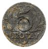 5 groszy 1939, cynk, moneta bez otworu z wyraźnie zaznaczonym dla niego miejscem, Parchimowicz 9.b..