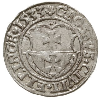 grosz 1533, Elbląg, na awersie końcówka napisu ... PRVS, na rewersie ... ELBINGK, miecz z prawej strony  Orła