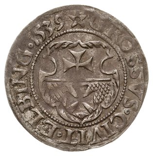 grosz 1539, Elbląg, na awersie PRVS, miecz z prawej strony Orła, ogonek trójlistka skierowany w prawo,  na rewersie gwiazda po dacie