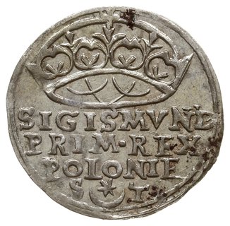 grosz 1547, Kraków, odmiana z napisem w 3 wierszach, herb Leliwa i litery S-T, na rewersie przed datą napis POLO