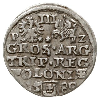 trojak 1580, Olkusz, Aw: mała głowa króla w praw