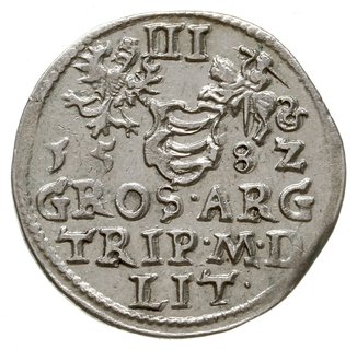 trojak 1582, Wilno, z herbem Leliwa na awersie pod głową króla, końcówka napisu M D LI