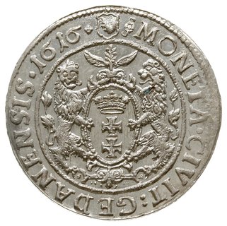 ort 1616, Gdańsk, mała głowa króla z szeroką kryzą, łapa niedźwiedzia w tarczy, na awersie dwukropek  z rozetką kończą napis w otoku