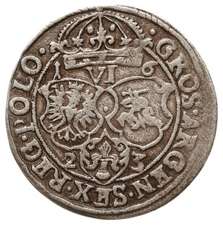 szóstak 1623, Kraków, data 1-6-2-3 rozdzielona tarczami herbowymi
