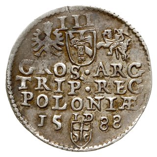 trojak 1588, Olkusz, duża głowa króla, na rewersie litery I-D (inicjały Jana Dulskiego - podskarbiego  koronnego) nad tarczą herbową