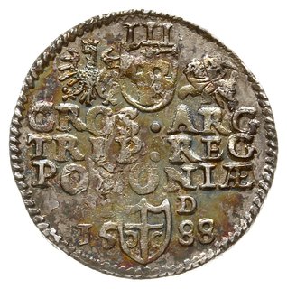 trojak 1588, Olkusz, mała głowa króla, na rewersie litery I-D po bokach tarczy
