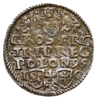trojak 1595, Bydgoszcz, na awersie POL M D L, odmiana z krzyżem pomiędzy herbami Lewart i Radwan