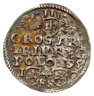 trojak 1595, Bydgoszcz, na awersie POLO M D L, odmiana z krzyżem pomiędzy herbami Lewart i Radwan
