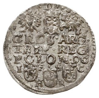 trojak 1596, Bydgoszcz, duża głowa króla, na rewersie litery H-R po bokach róży