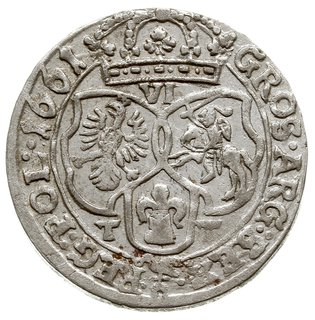 szóstak 1661, Bydgoszcz, na awersie po SVE dwie kropki, na rewersie litery T-T, Kop. 1629 (R), bardzo ładny