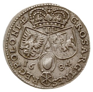 trojak 1684, Kraków, popiersie króla w zbroi i w koronie, poniżej literka B, na rewersie litera C pomiędzy  tarczami herbowymi