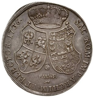 talar 1736, Drezno, Aw: Popiersie króla w prawo, Rw: Dwie tarcze herbowe, poniżej litery F.W.ô.F.,  pod nimi znak mennicy hak, w otoku napis