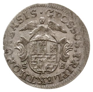 trojak 1765, Toruń, na rewersie z kropką rozpoczynającą napis, poniżej tarczy miejskiej inicjały mincerza  mennicy S-B (Szymon Brückman)
