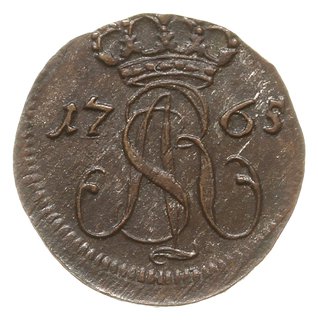 szeląg 1765, Gdańsk, korona nad monogramem średniej wielkości