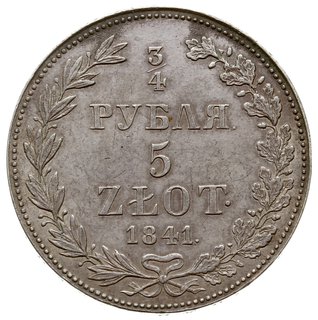 3/4 rubla = 5 złotych 1841 MW, Warszawa, odmiana z wachlarzowatym ogonem orła i kropką po РУБЛЯ