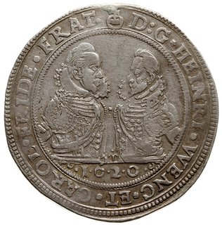 talar 1620, Oleśnica, Aw: Popiersia Henryka i Karola i napis wokoło, Rw: Tarcza herbowa i napis wokoło