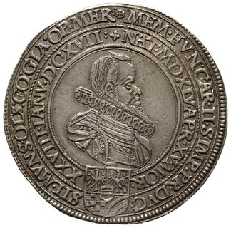talar pośmiertny 1617, Oleśnica, Aw: Popiersie w prawo i napisy w podwójnym otoku, Rw: Poziomy napis w  8 wierszach