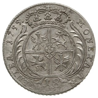 ort (18 groszy), 1755, Wrocław, fałszerstwo Fryderyka II monety przypominającej ort polsko-saski z herbami  prowincji pruskich - Orzeł, Lew i Gryf