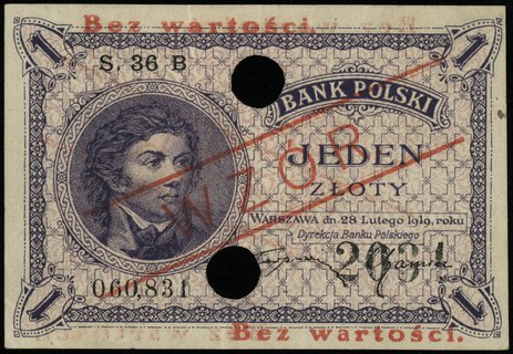 1 złoty 29.02.1919; seria 36 B, numeracja 060831