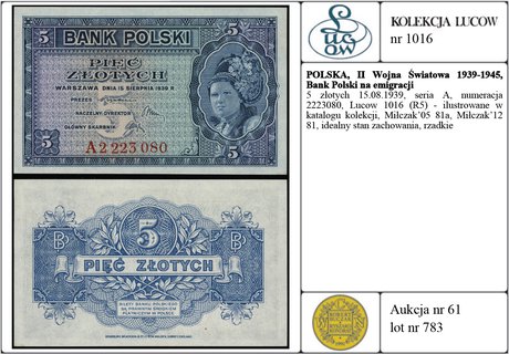 5 złotych 15.08.1939; seria A, numeracja 2223080