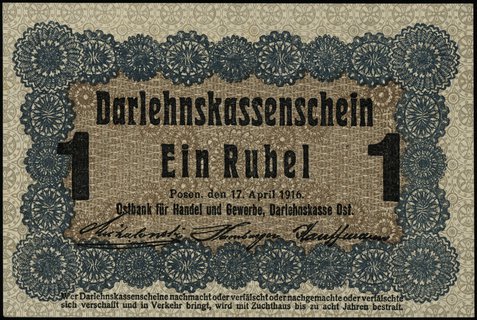 1 rubel 17.04.1916; Poznań, bez serii i numeracj