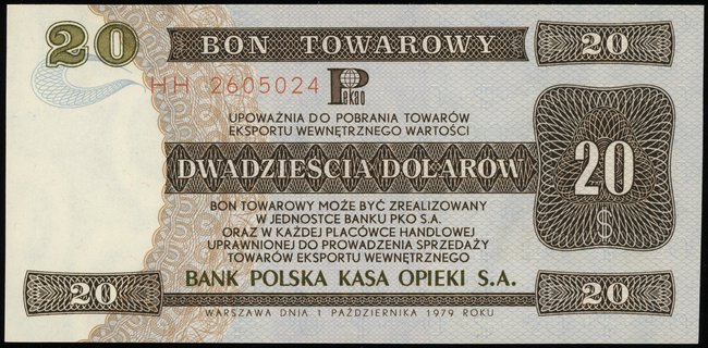 bon towarowy 20 dolarów 1.10.1979; seria HH, num