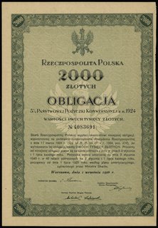 obligacja na 2.000 złotych 5% państwowej pożyczki konwersyjnej z r. 1924, Warszawa 1.09.1926