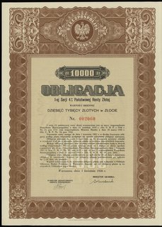 obligacja I-ej serii 4% Państwowej Renty Złotej na 10.000 złotych w złocie, Warszawa 1.04.1936