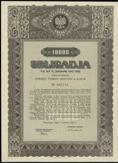 obligacja II-ej serii 4 % państwowej renty złotej na 10.000 złotych w złocie, Warszawa 1.06.1937