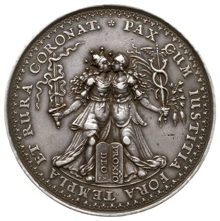 medal autorstwa Jana Höhna starszego, wybity około 1642 r. z okazji rozejmu w Sztumskiej Wsi i Błogosławieństwa Pokoju, Aw: Dwie personifikacje - Wiara z tarczą słoneczną i Pobożność z gałązką oliwną podają sobie dłonie na tle panoramy Gdańska, u góry napis hebrajski w promienistej aureoli i napis w otoku FELIX TERRA FIDES PIETATI UBI IUNCTA TRIUMPHAT, Rw: Dwie obejmujące się personifikacje Sprawiedliwośc i Pokój - z atrybutami swej władzy w dłoniach, niżej tabliczka Mojżesza PROXIMO DEO, napis w otoku PAX CUM IUSTITIA FORA TEMPLA ET RURA CORONAT, Gumowski 55 (z tej samej pary stempli), H-Cz. 2151, Raczyński 148, srebro 58 mm, 47.44 g, wybity na podobieństwo medalu wspólnego Sebastiana Dadlera i Jana Höhna (Maue 52-53, Więcek 94), sygnowany IH na tabliczce mojżeszowej