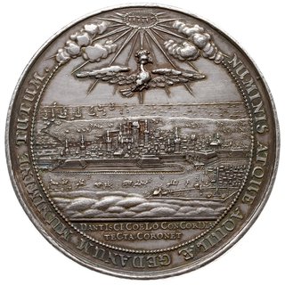 medal autorstwa J. Höhna wybity z okazji przybycia króla Jana Kazimierza do Gdańska w 1653 roku, Aw: Panorama Gdańska w oddali widoczne morze z żeglującymi statkami, nad nią orzeł z rozpostartymi skrzydłami w koronie, w odcinku napis NUMINIS AQUILAE GEDANUM MUNIMINE TUTUM którego duże litery tworzą datę /chronograf/, Rw: Kobieta trzymająca w prawej ręce dwa serca zawieszone na taśmie, w lewej dwie tarcze z herbami Polski i Gdańska, w otoku napis COR REGIS CORDI GEDANI CONCORDIA IUNGIT, srebro 64 mm, 73.64 g, H-Cz. 2034 (R3), Racz. 135, na rewersie niewielkie rysy w tle, patyna