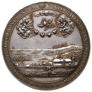 medal autorstwa J. Höhna. na Pokój w Oliwie 1660 r, Aw: Klasztor Oliwski na tle rozległej panoramy, powyżej dwa anioły w obłokach trzymają cztery połączone serca i gołąbek z gałązką oliwną, w otoku napis PACIS OLIVENSIS ANNO MI CLX III MAII AD GEDANUM IN PRUSSIA CONCLUSAE MONUMENTUM, Rw: Pod drzewem oliwnym klęcząca osoba, w tle widok Gdańska jego okolic oraz morza i statków, w otoku napis PECTORA QUO REGNUM COEUNT QUO VULNERA SECLI, EN FELIX OLEUM PACIS OLIVA DEDIT., srebro 74 mm, 97.03 g, H-Cz. 2149 (R3), Racz. 147, efektowny i rzadki medal autorstwa wyśmienitego medaliera