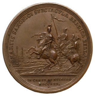 August II - medal 1730, sygnowany VESTNER F, wybity dla upamiętnienia bitwy w 1547 r. na polach Muhlbergu pomiędzy armią katolicką dowodzoną przez cesarza Karola V i armią protestanckiego związku szmalkaldzkiego dowodzoną przez elektora saskiego Jana Fryderyka I Wspaniałomyślnego, Av.: Popiersie króla wprawo i napis otokowy: D G AVGVSTVS II REX POLON ELECT SAXON, Rv.: Scena szarży na koniach, napis otokowy: MARTIS SAXONICI SPECTACVLA BELLICA BELLA, poniżej IN CAMPO AD MVLBERG MDCCXXX V, brąz, 44 mm, Bernheimer 269, H.-Cz. 2675 (w srebrze), prawdopodobnie odbitka XIX wieczna