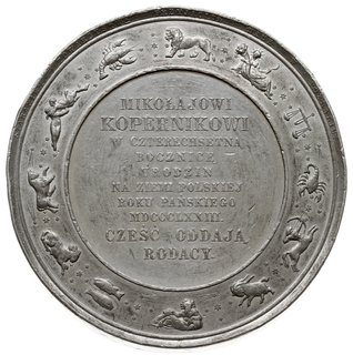 Mikołaj Kopernik, medal na 400-lecie urodzin, 1873 r., Aw: Popiersie astronoma trzy-czwarte w prawo, w otoku napis WSTRZYMAŁ SŁOŃCE WZRUSZYŁ ZIEMIĘ POLSKIE WYDAŁO GO PLEMIĘ, poniżej daty UR.1473 - UM.1543, na dole przy krawędzi sygn. F.BELOW, Rw: Poziomy napis MIKOŁAJOWI KOPERNIKOWI W CZTERECHSETNĄ ROCZNICE URODZIN NA ZIEMI POLSKIEJ ROKU PAŃSKIEGO MDCCCLXXIII CZEŚĆ ODDAJĄ RODACY, w otoku znaki zodiaku, na górze przy krawędzi STARANIEM TOWARZYSTWA PRZYJACIÓŁ NAUK W POZNANIU, cynk 64 mm, H-Cz. 8061