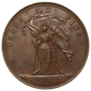 medal autorstwa W. A. Malinowskiego na 50 rocznicę Powstania Listopadowego, 1880 r., Aw: Stojąca Polonia w kolczudze, z mieczem i sztandarem, napis w otoku USQUE AD FINEM, poniżej data MDCCCXXX, Rw: W wieńcu laurowo dębowym napis poziomy POLSKA / BOHATEROM POWSTANIA / LISTOPADOWEGO / W PIĘĆDZIESIĘCIOLETNIĄ / ROCZNICĘ, brąz 64 mm, H-Cz. 8043, ładny, patyna