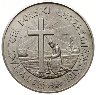 medal na tysiąclecie Państwa Polskiego wybity w 1966 r., nakładem Prezydenta i Rządu Rzeczpospolitej Polski na emigracji, Aw: Orzeł państwowy i napis PREZYDENT RZECZPOSPOLITEJ I RZĄD, Rw: Na tle pejzażu krzyż, od którego rozchodzą się promienie symbolizujące wiarę chrześcijańską i klęczący pod nim wsparty o tarczę ze stylizowanym Orłem Mieszko I, wokoło napis TYSIĄCLECIE POLSKI CHRZEŚCIJAŃSKIEJ 966-1966, u dołu sygnatura TK&S i punce srebra, srebro 64 mm, 98.32 g