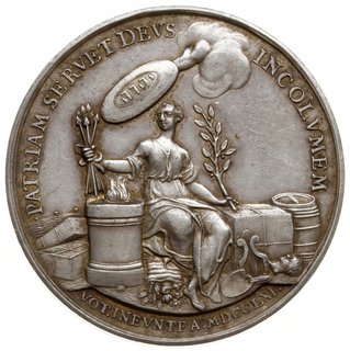 medal z życzeniem zawarcia pokoju w czasie Trzeciej Wojny Śląskiej wybity w 1761 r., sygnowany Johann Georg Holtzhey, Aw: Siedząca na ołtarzu personifikacja pokoju z gałązką oliwną w jednej i pękiem strzał w drugiej ręce, powyżej w półkolu napis PATRIAM SERVET DEVS - INCOLVMEN, poniżej VOTINEVNTEA A MDCCLXI, Rw: siedzący na kuli ziemskiej z napisem GERMANI Saturn z sierpem w dłoni i małym dzieckiem na ręku, powyżej w półkolu napis TRISTIS EVROPAE STATVS, poniżej w odcinku VSQVEQVO, srebro 44 mm, 28.40 g, F.u.S. 4437, Wellenh 7688, Strott 1761.1