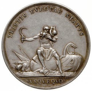 medal z życzeniem zawarcia pokoju w czasie Trzeciej Wojny Śląskiej wybity w 1761 r., sygnowany Johann Georg Holtzhey, Aw: Siedząca na ołtarzu personifikacja pokoju z gałązką oliwną w jednej i pękiem strzał w drugiej ręce, powyżej w półkolu napis PATRIAM SERVET DEVS - INCOLVMEN, poniżej VOTINEVNTEA A MDCCLXI, Rw: siedzący na kuli ziemskiej z napisem GERMANI Saturn z sierpem w dłoni i małym dzieckiem na ręku, powyżej w półkolu napis TRISTIS EVROPAE STATVS, poniżej w odcinku VSQVEQVO, srebro 44 mm, 28.40 g, F.u.S. 4437, Wellenh 7688, Strott 1761.1