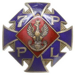oficerska odznaka pamiątkowa 7 Pułku Piechoty Legionów - CHEŁM, jednoczęściowa, wykonana z tombaku srebrzonego, w kształcie krzyża pokrytego granatową emalią, na ramionach litery 7 P P L, na środku romb pokryty czerwoną emalią z Orłem wojskowym II i III Brygady Legionów Polskich z 1916 r., 40 x 40 mm, nakrętka sygnowana W. GONTARCZYK WARSZAWA, Sawicki/Wielechowski s. 36