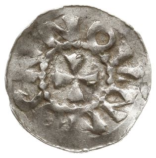 naśladownictwo denara saksońskiego Bernarda I lub II z lat ok. 1010-1020, Aw: Stylizowana głowa w prawo, Rw: Krzyż kawalerski, Dbg 1298, Jesse 63